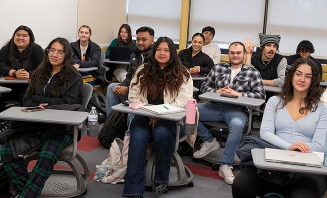 Students at desks in class